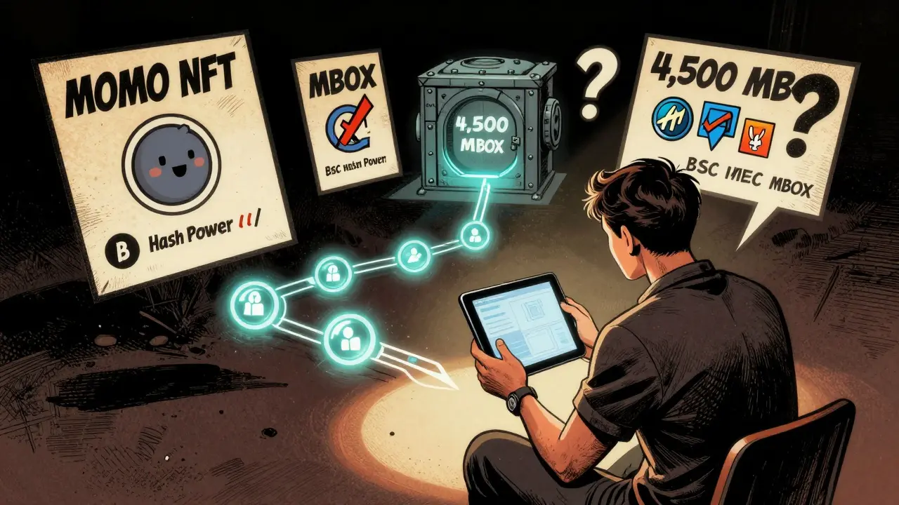 Participant watching a live stream with floating quiz questions and token icons, blockchain path leading to a vault labeled '4,500 MBOX'.