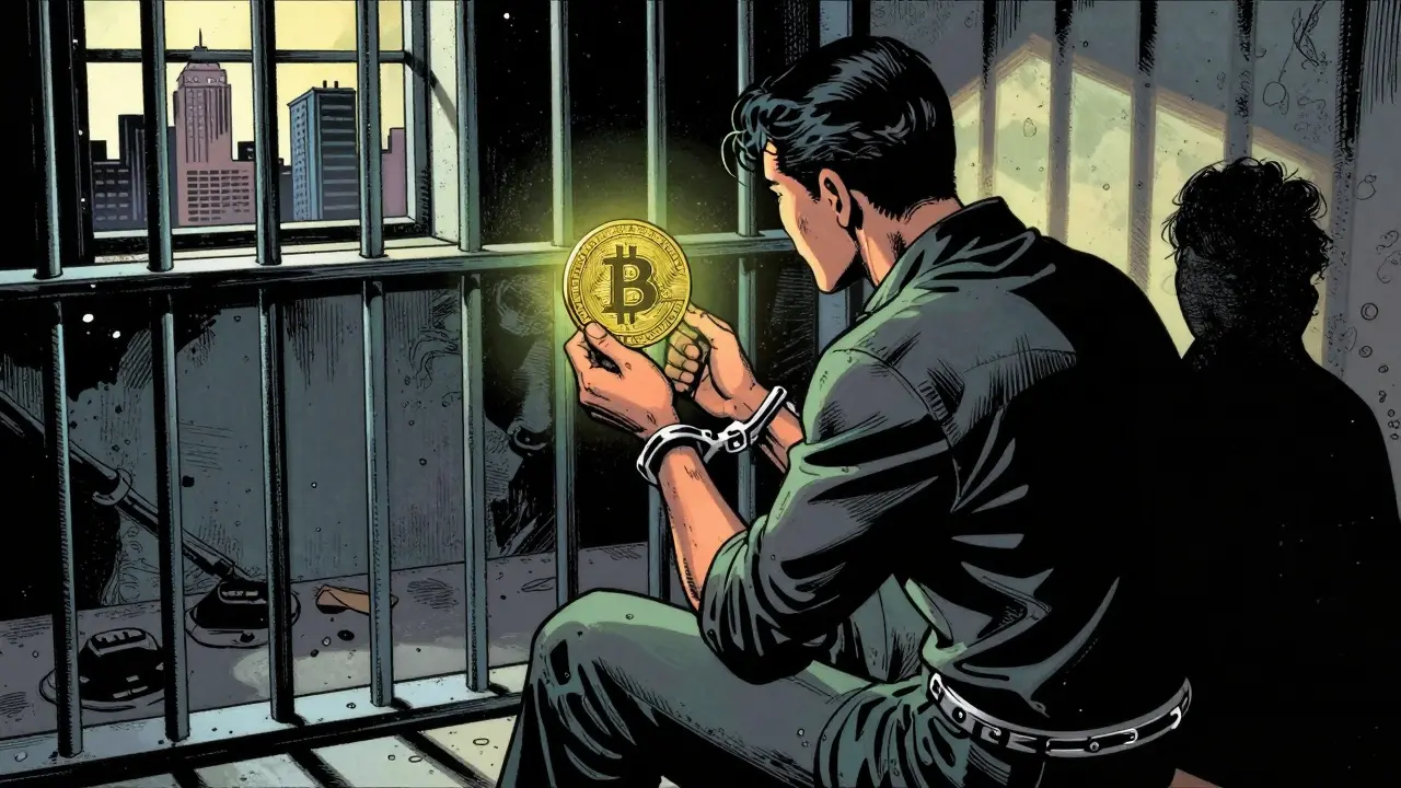 Person in prison cell holding glowing Bitcoin coin.