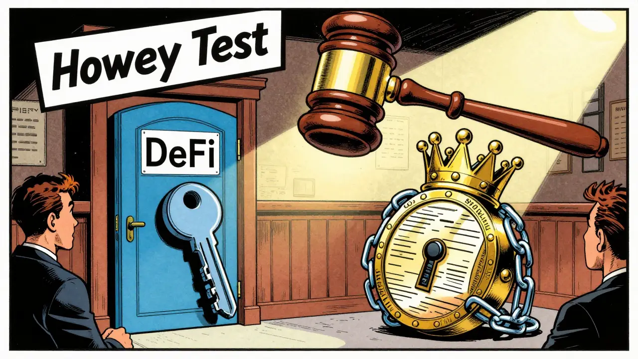 Security token depicted as a crown-wearing figure chained by legal documents under a giant 'Howey Test' gavel.