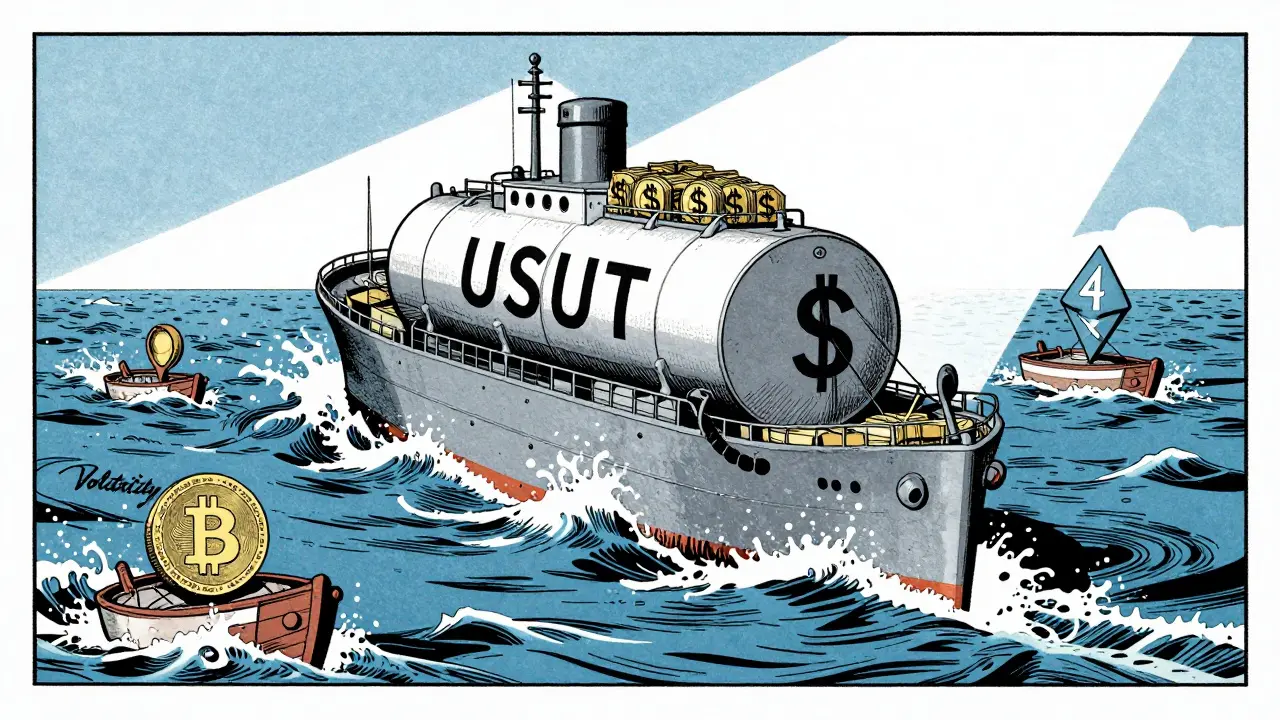 Tether as an armored tanker ship carrying dollar symbols in a turbulent crypto ocean.