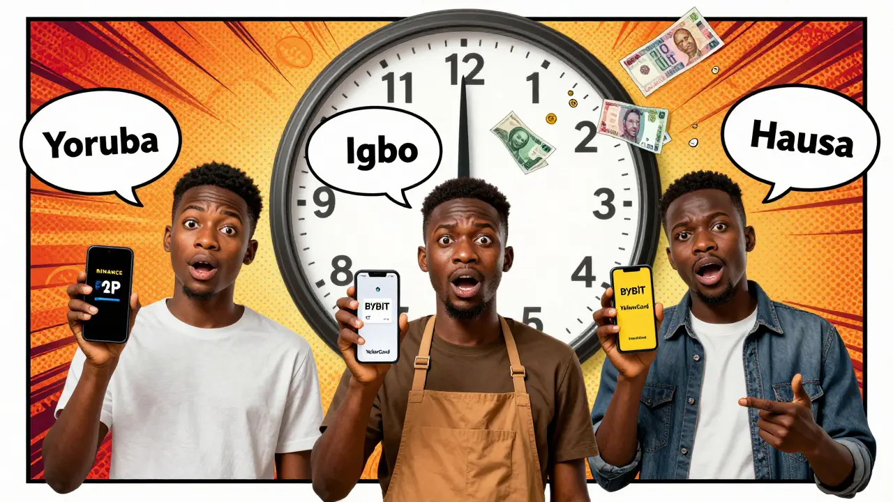 Three Nigerian users trade crypto on different platforms with local language support as Naira rapidly loses value.