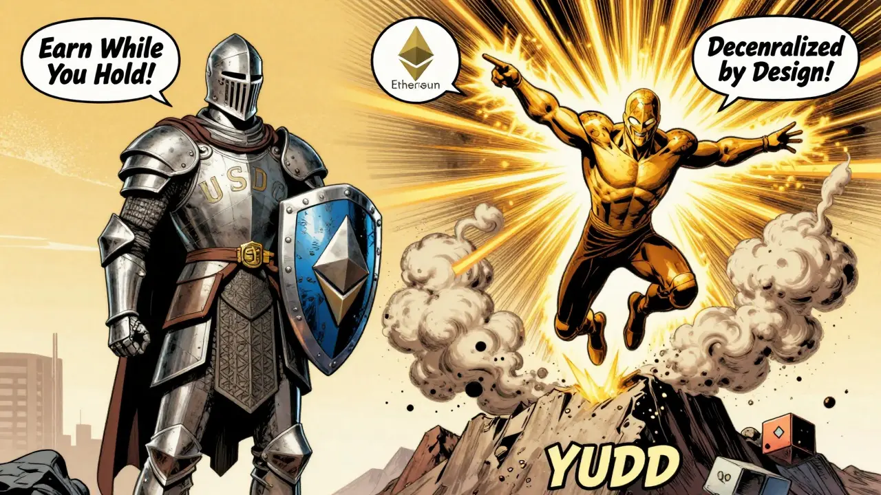 Two comic book heroes: USDC as a static knight and YUSD as a dynamic hero emitting yield streams across blockchains.