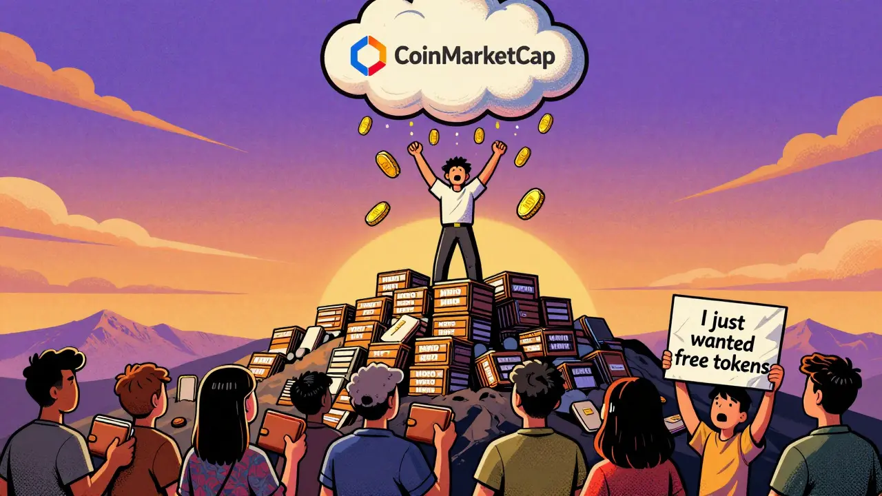 User standing atop stacked MOMO NFTs as golden MBOX tokens rain down, crowd below holding blank wallets and a frustrated sign.