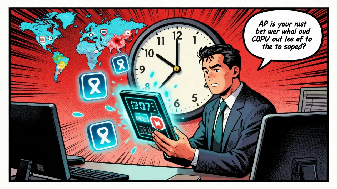 A CPA analyzes crypto tax data with AI suggestions floating nearby, global compliance zones glowing in vintage comic style.