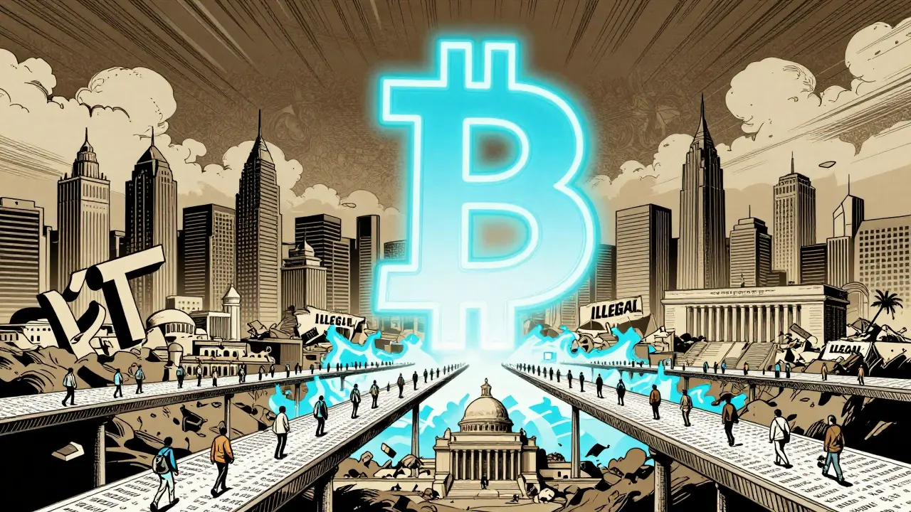 A giant Bitcoin statue towers over Pakistan as citizens move along transaction bridges, while old institutions crumble.