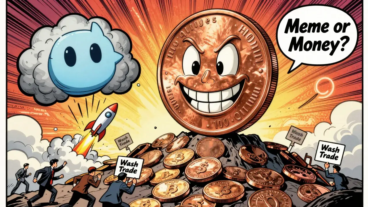 A giant smiling copper coin stands on a mountain of worthless tokens while tiny figures scramble below with 'Wash Trade' signs.