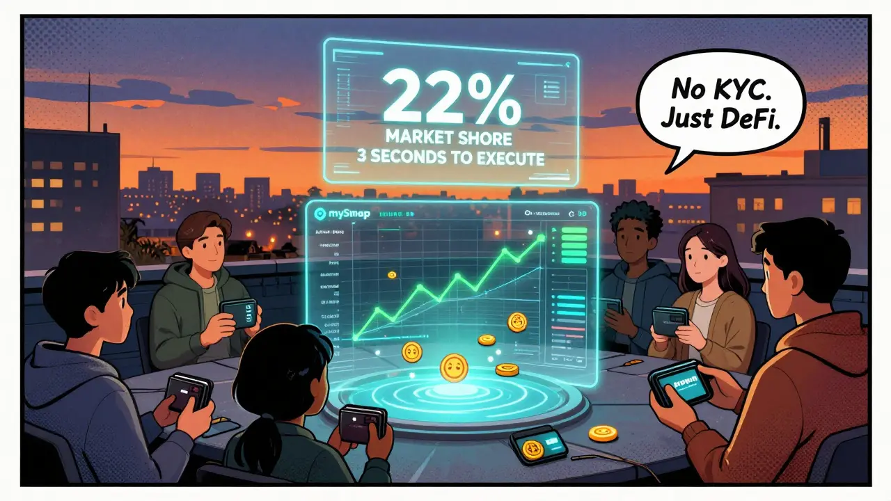 A group of users interacting with a holographic mySwap dashboard on a rooftop, showing fast trades and low fees.