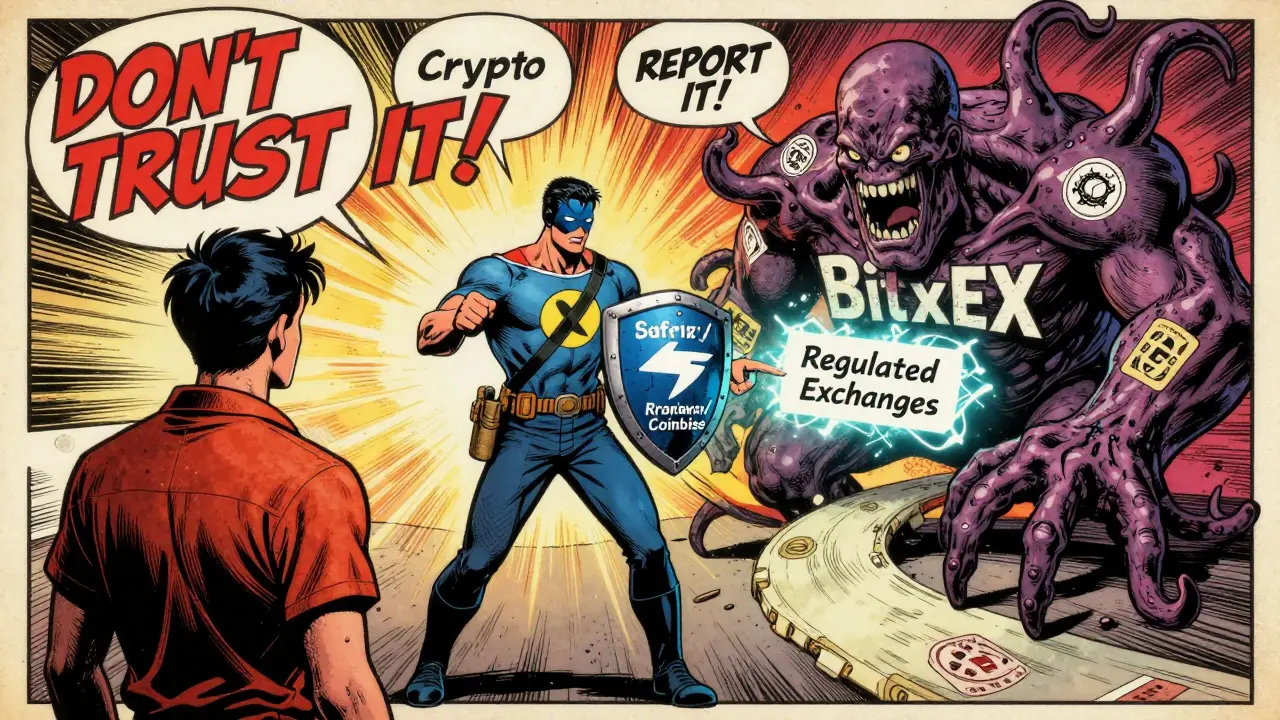 A hero defends a victim from a monstrous scam entity using regulated exchange shields.