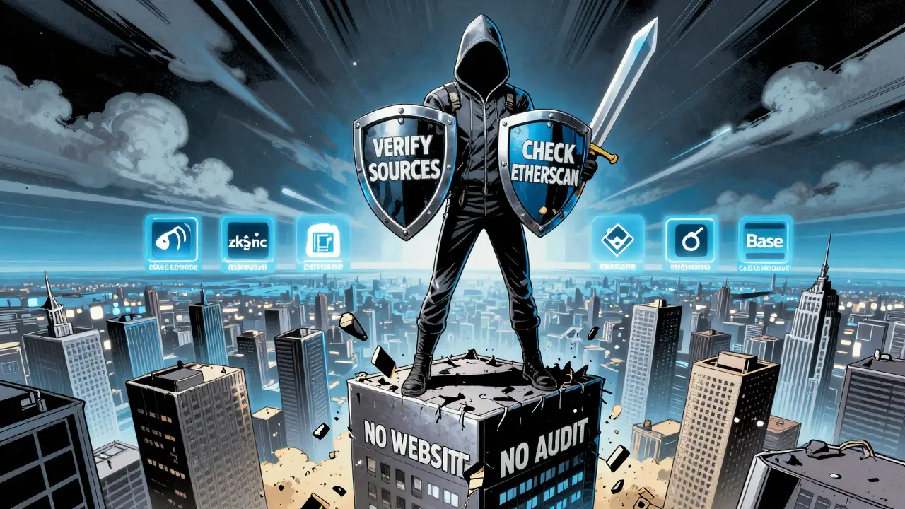 A hero defends against collapsing scam infrastructure while legitimate blockchain projects glow in the distance.