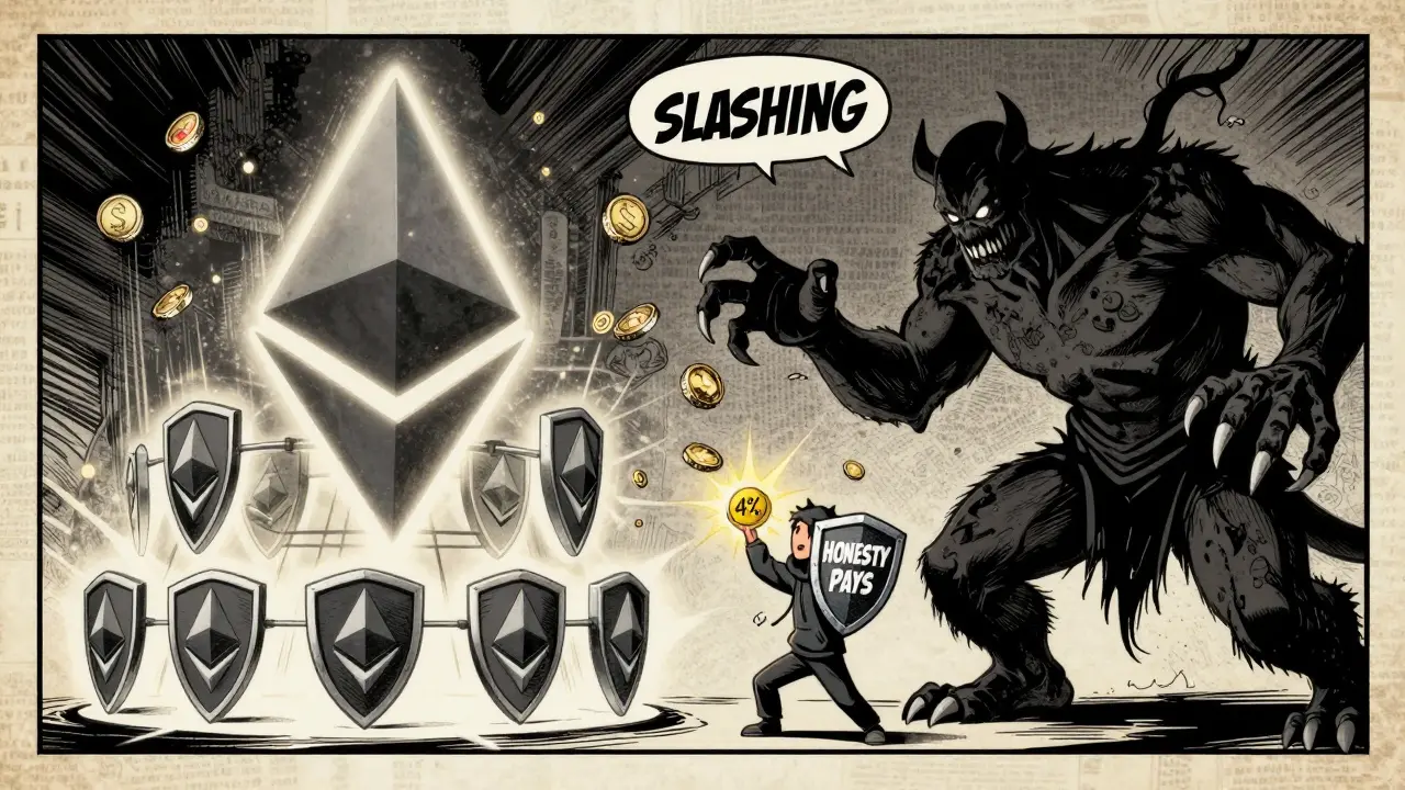 A heroic crypto holder defends staked coins against a slashing monster, with blockchain guardians standing tall.