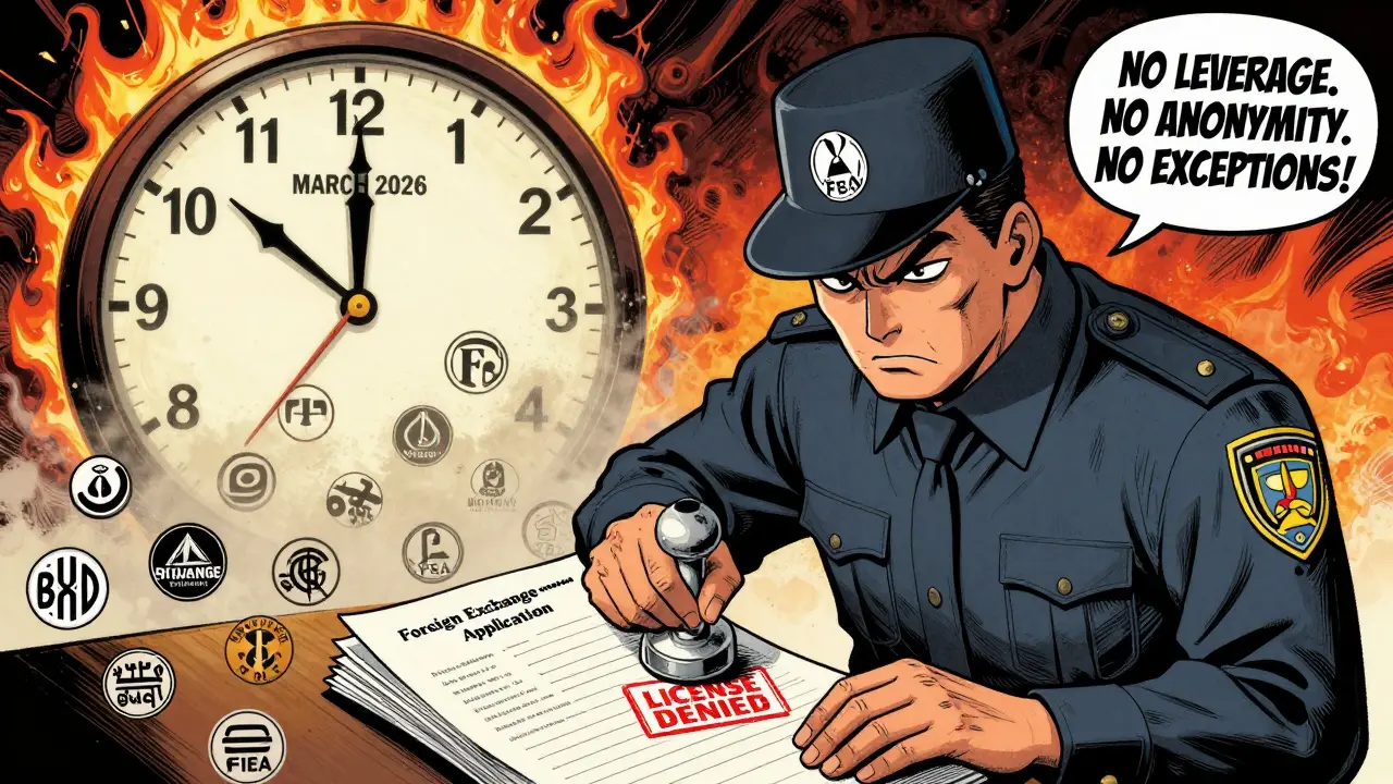 A Japanese FSA inspector rejecting an exchange application, with revoked licenses fading away and the FIEA deadline looming.