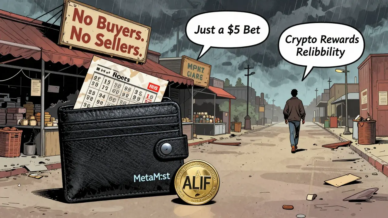A MetaMask wallet shows one ALIF coin next to a lottery ticket, while an abandoned NFT marketplace fades into the distance.