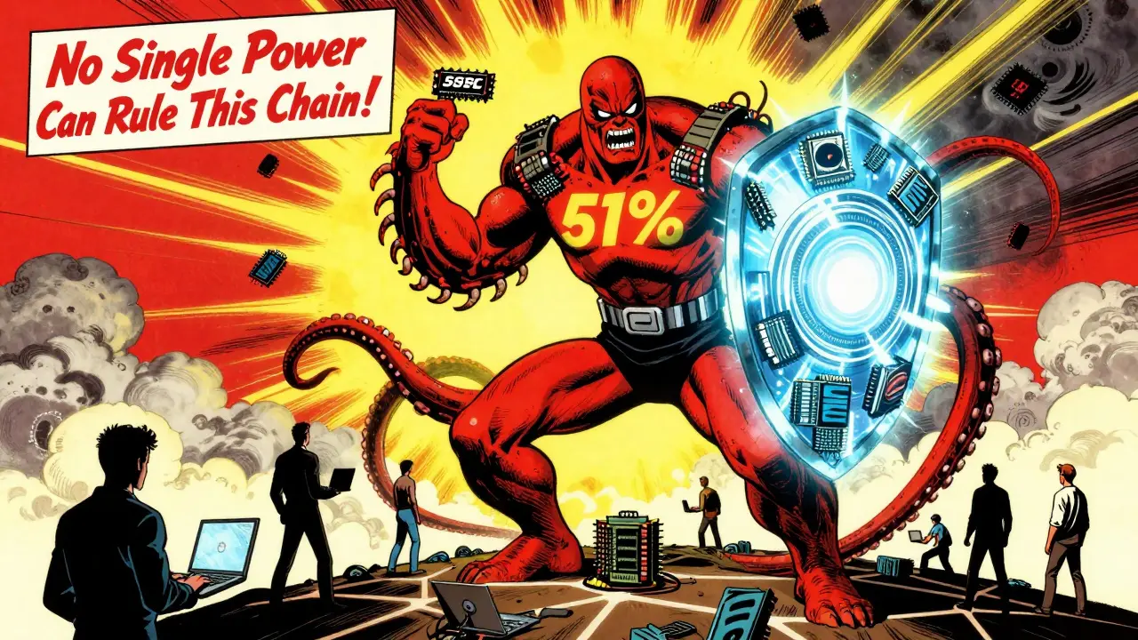 A monstrous 51% attack is blocked by a rotating shield of algorithms while everyday users stand together on a network hill.