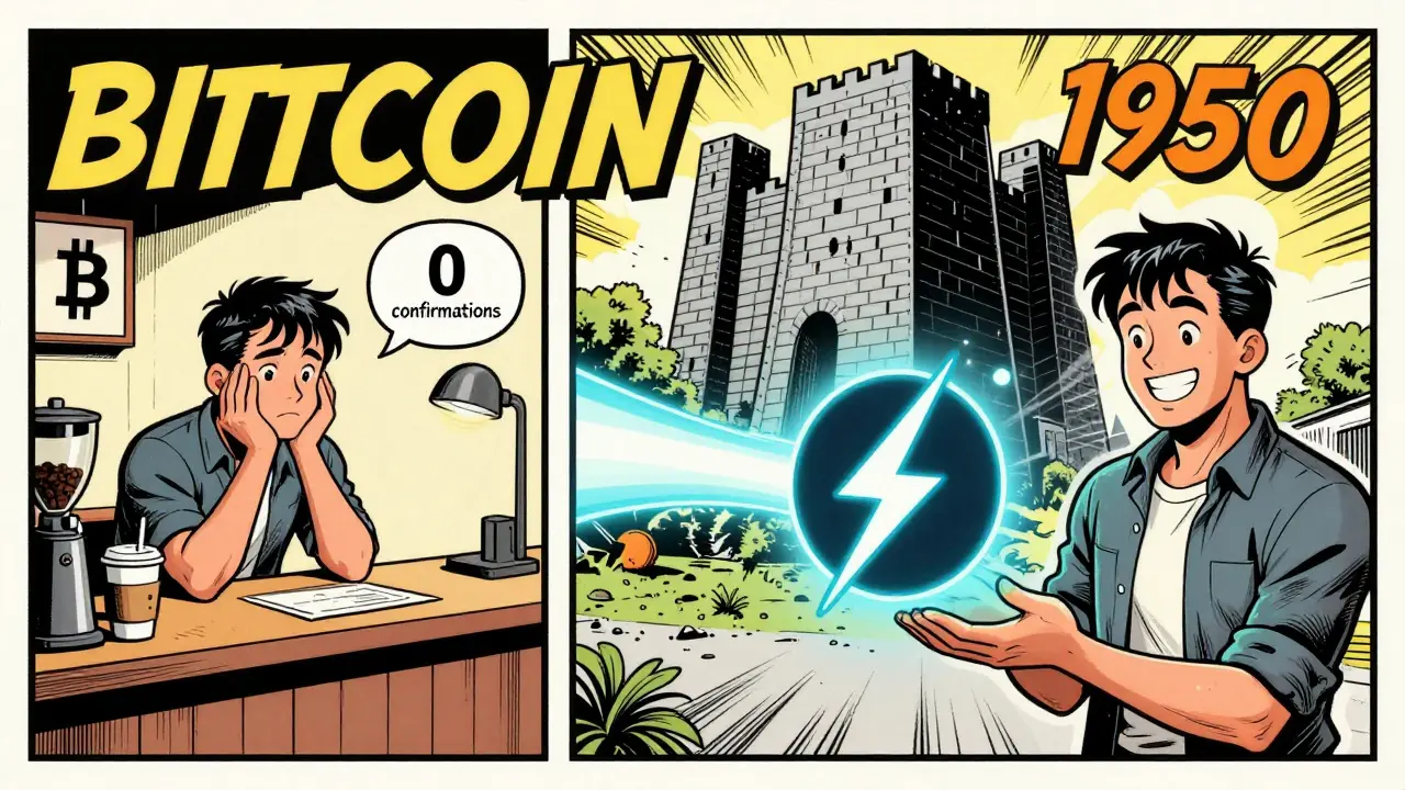 A person waits anxiously for a Bitcoin payment at a coffee shop while a Lightning Network shortcut zaps through a glowing tunnel above.