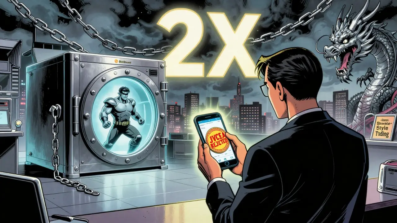 A retail investor facing a rejected crypto token, while a secure exchange glows safely nearby under a 2x leverage cap symbol.