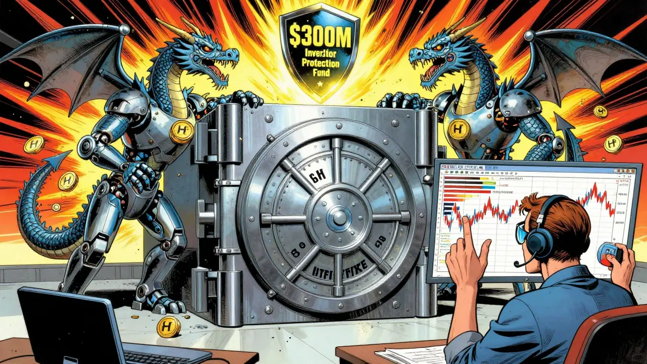 A secure crypto vault guarded by token dragons with a 0M protection shield, as an expert trader executes a high-volume trade.