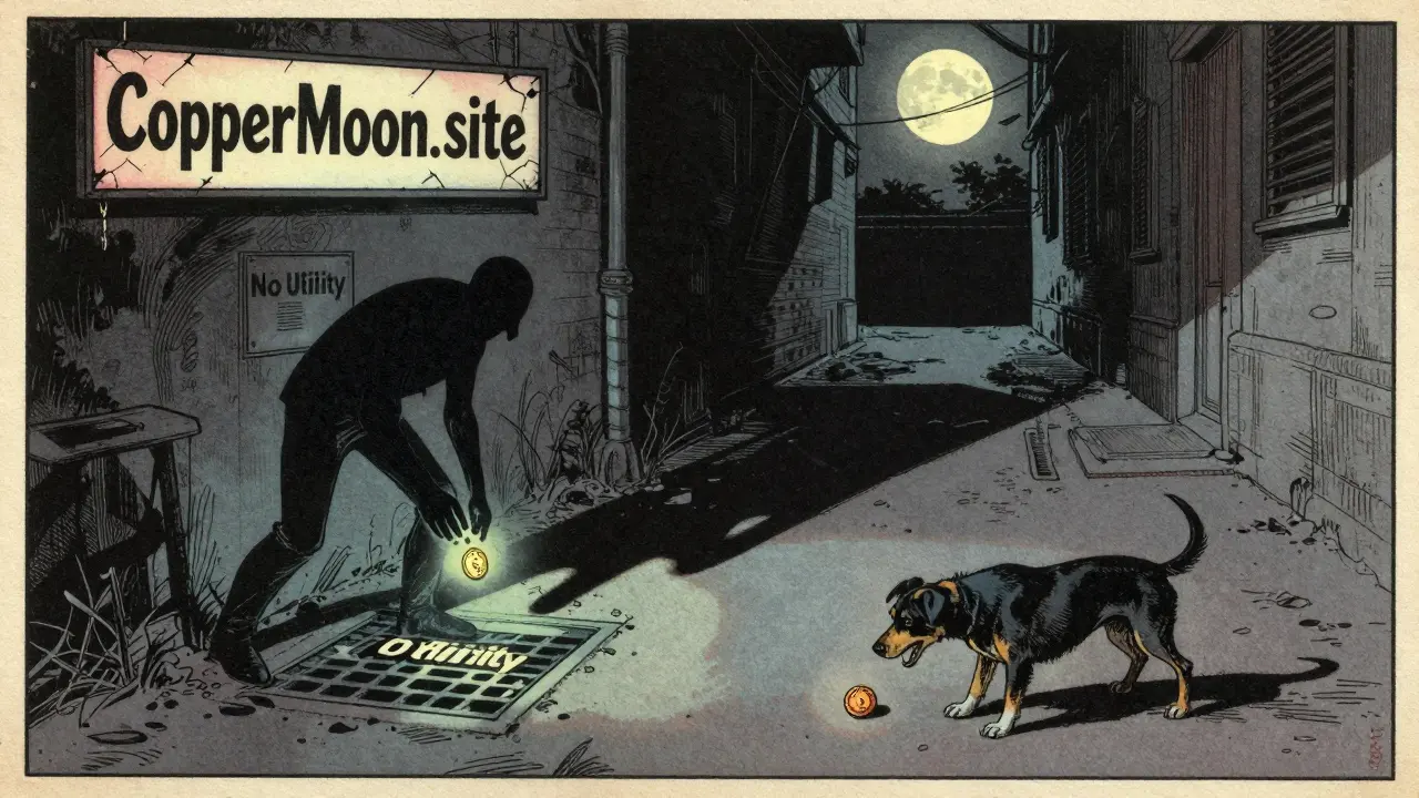 A shadowy figure drops a $COPPER token into a sewer as a flickering sign reads 'CopperMoon.site' above, with a dog sniffing it uninterested.