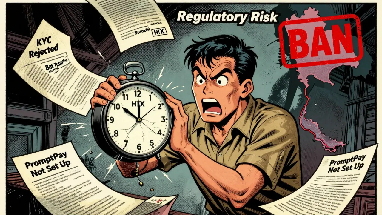A Thai user struggles with delayed withdrawals and rejected KYC documents, while a regulatory threat looms in vintage comic art.