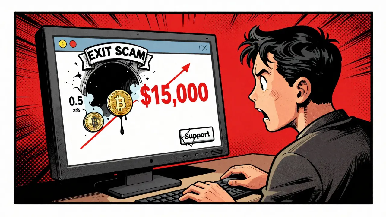 A user shocked as fake profits vanish into a dark portal labeled 'EXIT SCAM.'