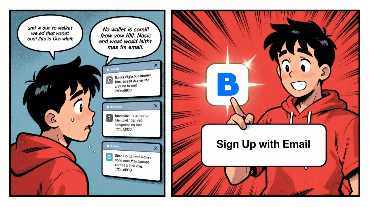 A user struggles with crypto prompts on one side, then happily signs up with email on the other in a comic-style split panel.