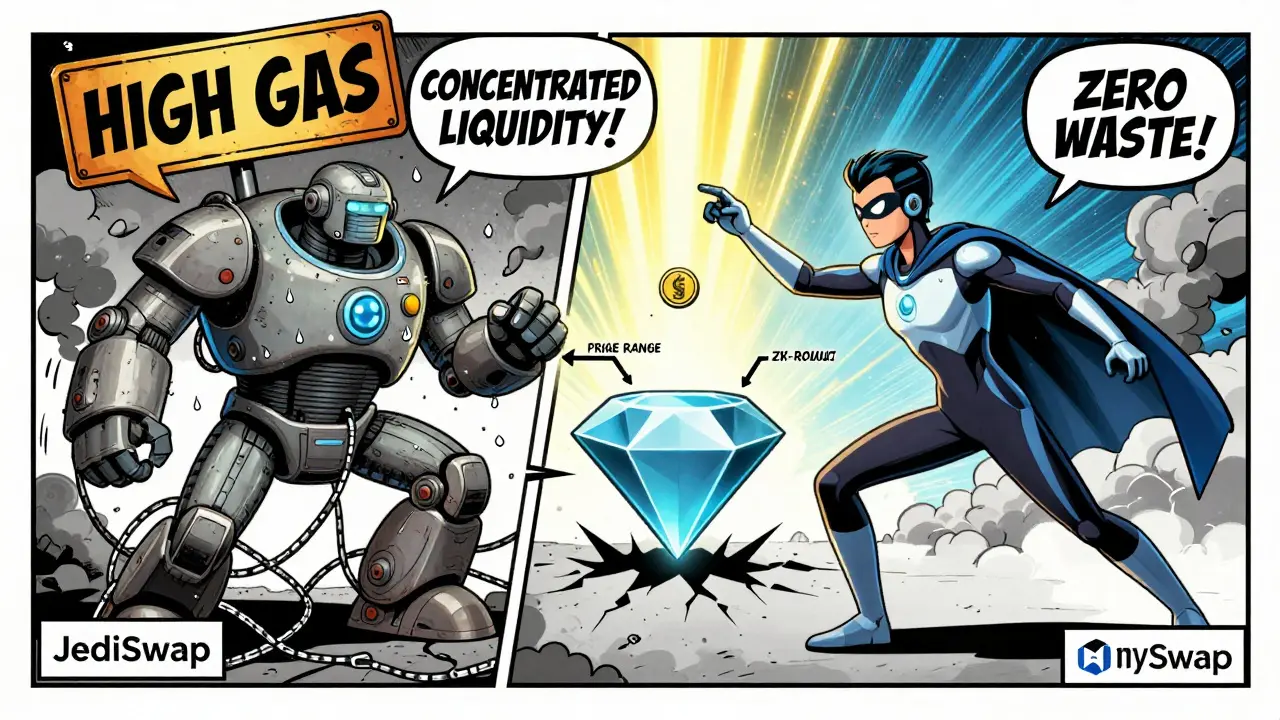 A vintage comic battle between inefficient JediSwap and efficient mySwap, highlighting concentrated liquidity.