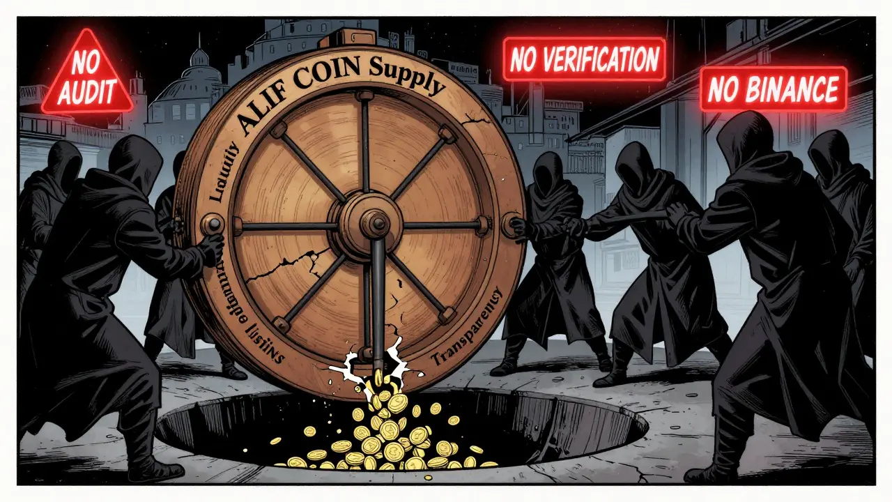 Anonymous figures manipulate a broken wheel labeled ALIF COIN Supply, with warning signs flashing about lack of audits and exchange listings.