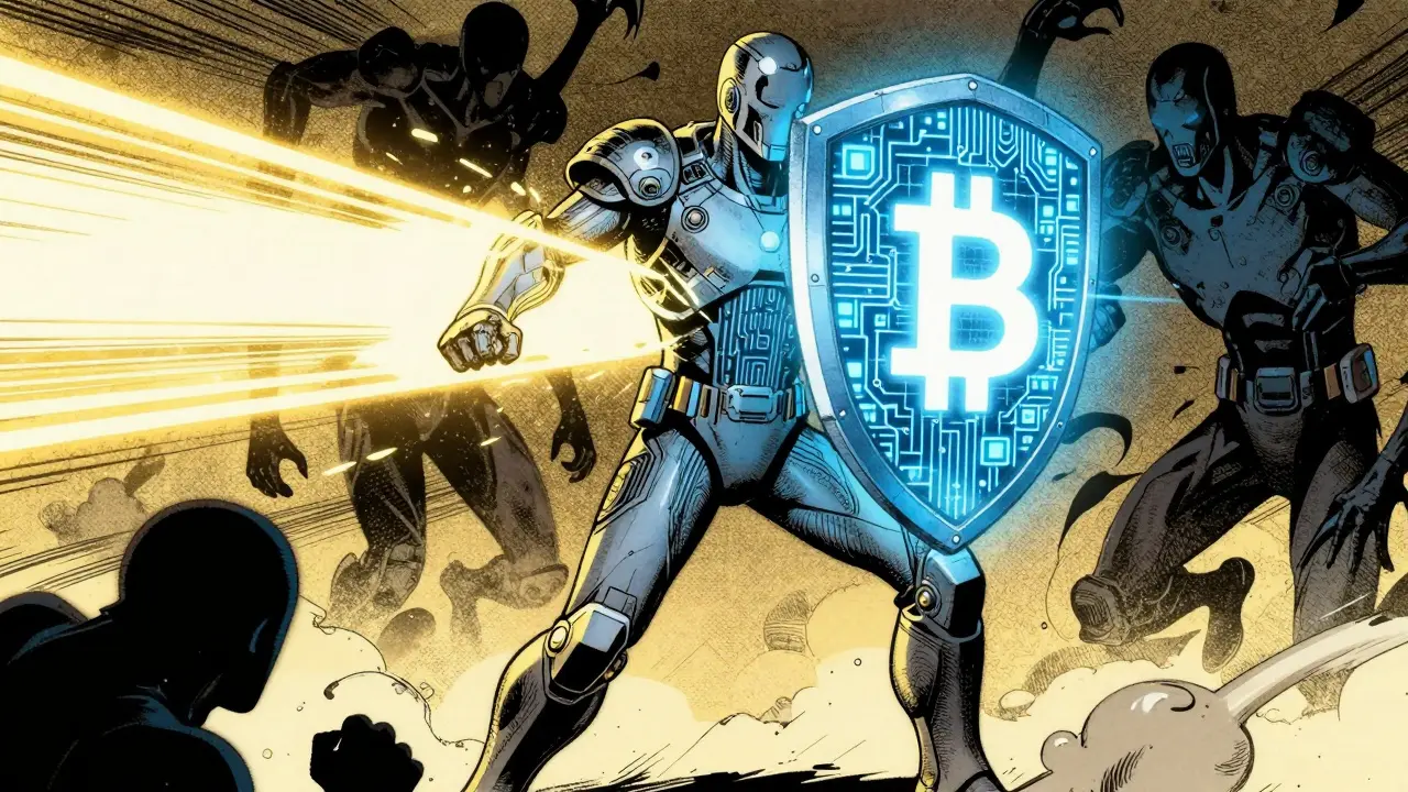 Armored guard protecting a glowing digital shield