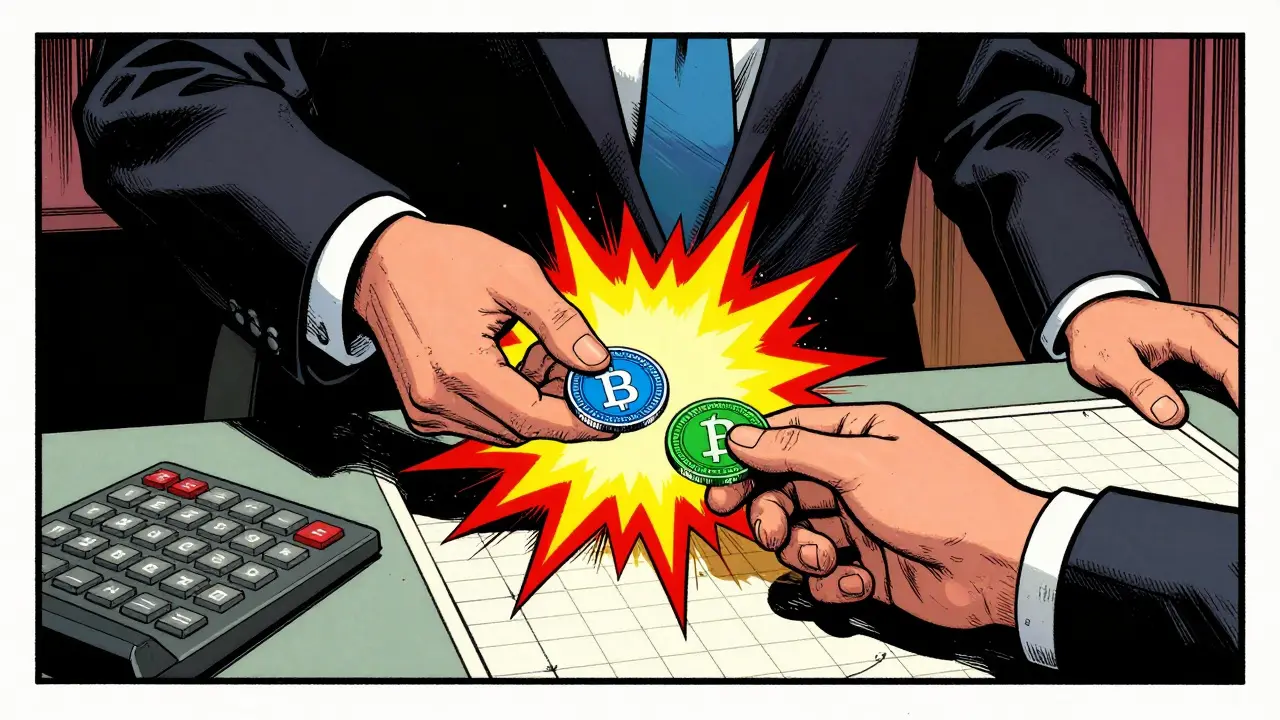 Character swapping crypto coins causing shockwaves representing taxable events.