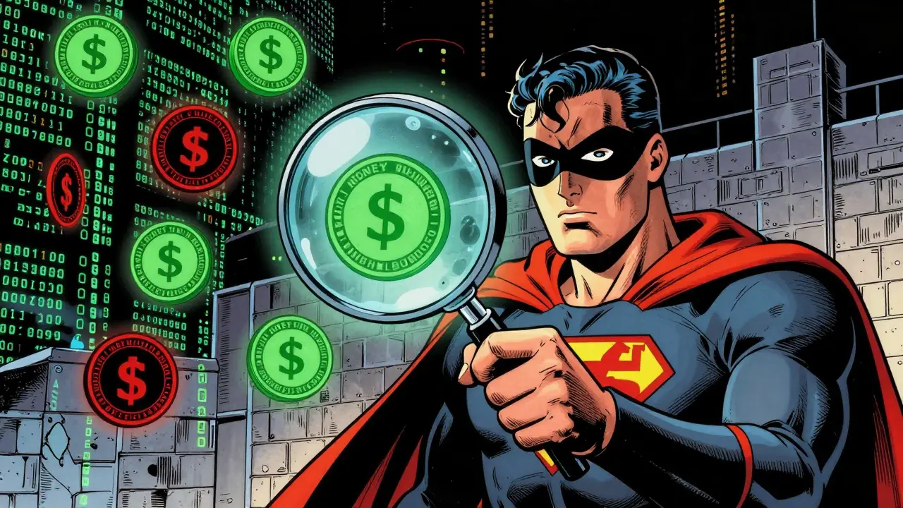 Figure with magnifying glass inspecting digital tokens for security.