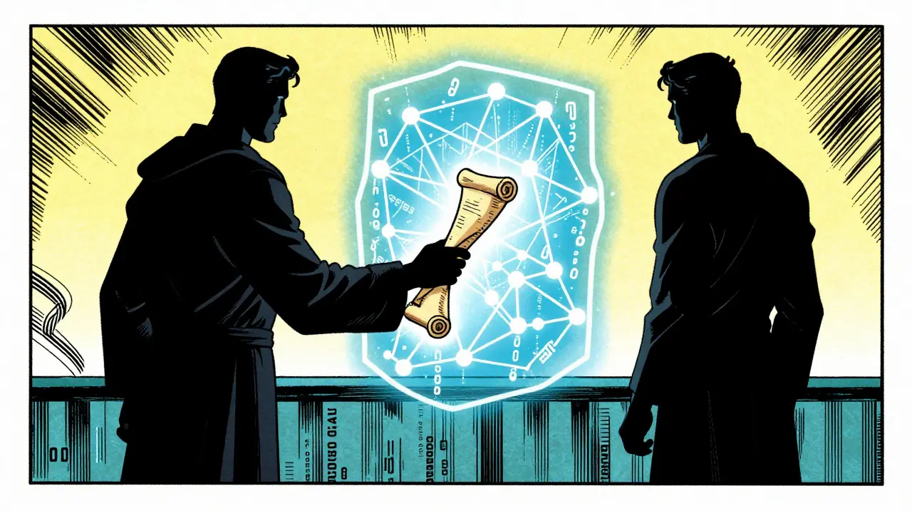 Figures exchange secure scroll amidst glowing data nodes.