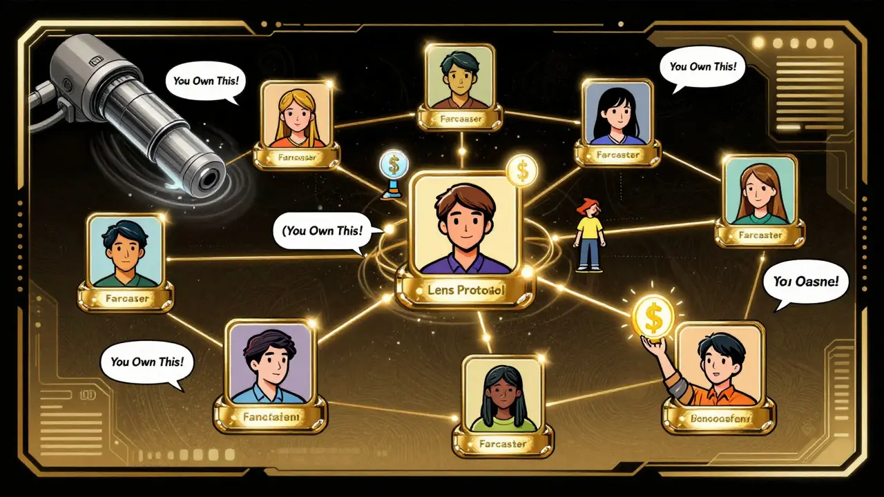 Floating NFT profiles connect across platforms, AI filters remove spam, and everyday users receive tokens from followers.