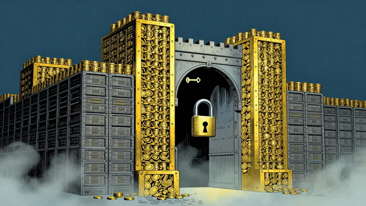 Giant coin fortress with small floating key nearby.