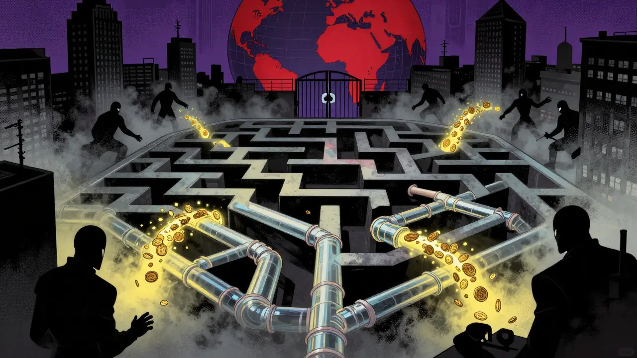 Gold coins flowing through maze pipes with shadowy city silhouettes.