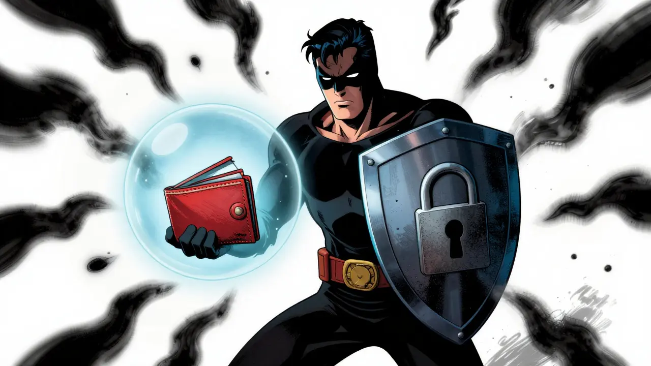Hero shielding digital wallet from shadowy scam threats.