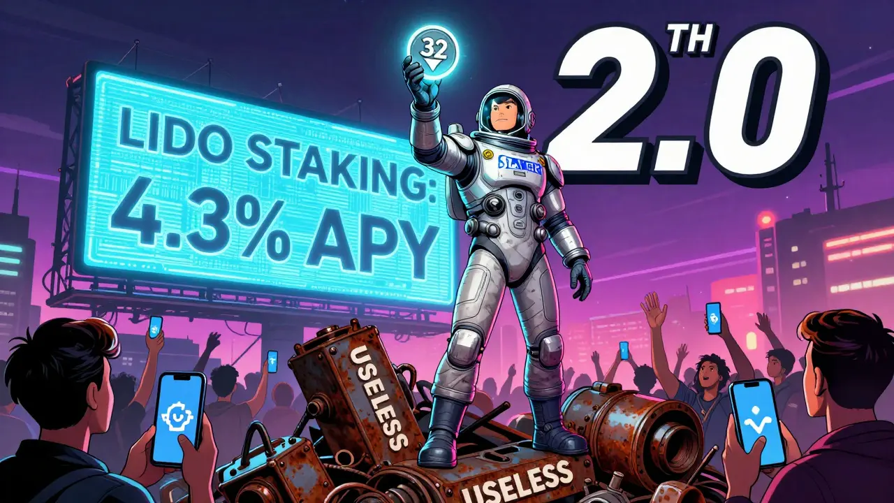 Hero staking ETH on a pile of obsolete mining gear, with staking APY banners glowing behind.