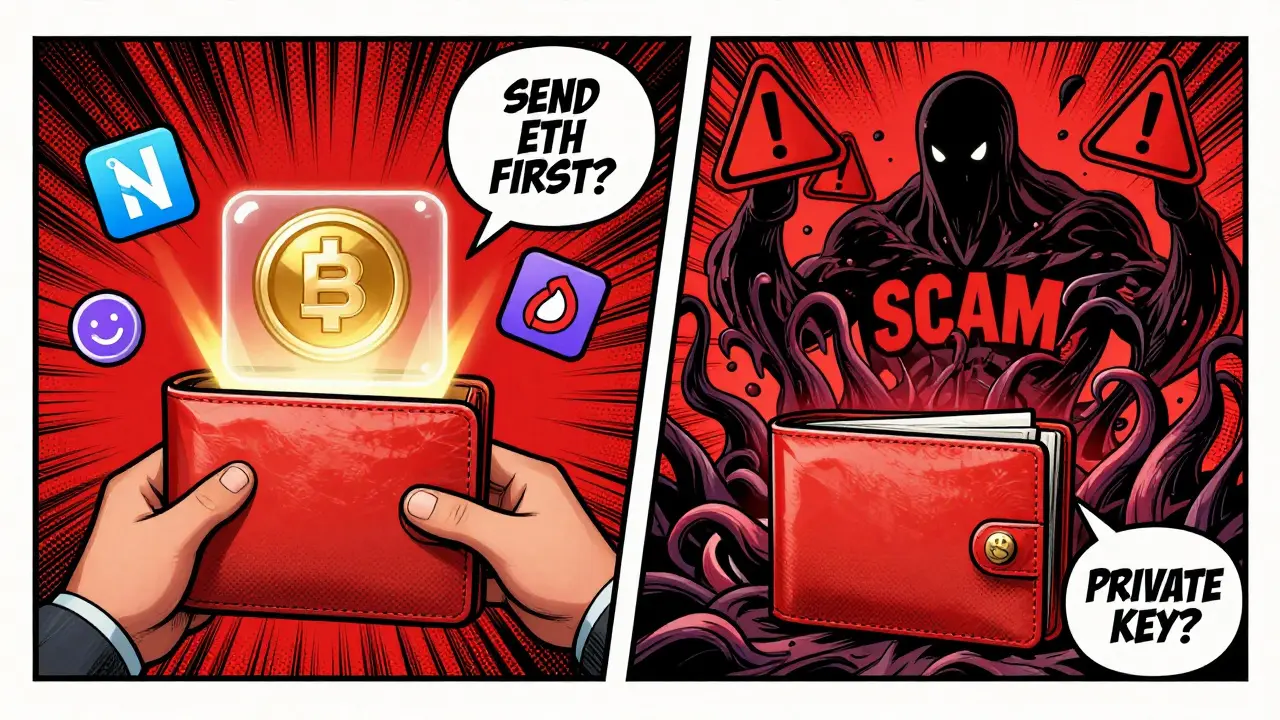 Left: legitimate airdrop with auto-depositing tokens; right: wallet being drained by a monstrous scam entity.