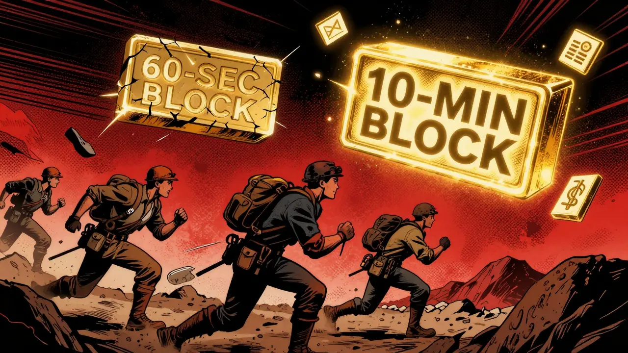 Miners race against time as two competing blockchain blocks float in the sky—one cracked, one solid—under dramatic comic book lighting.