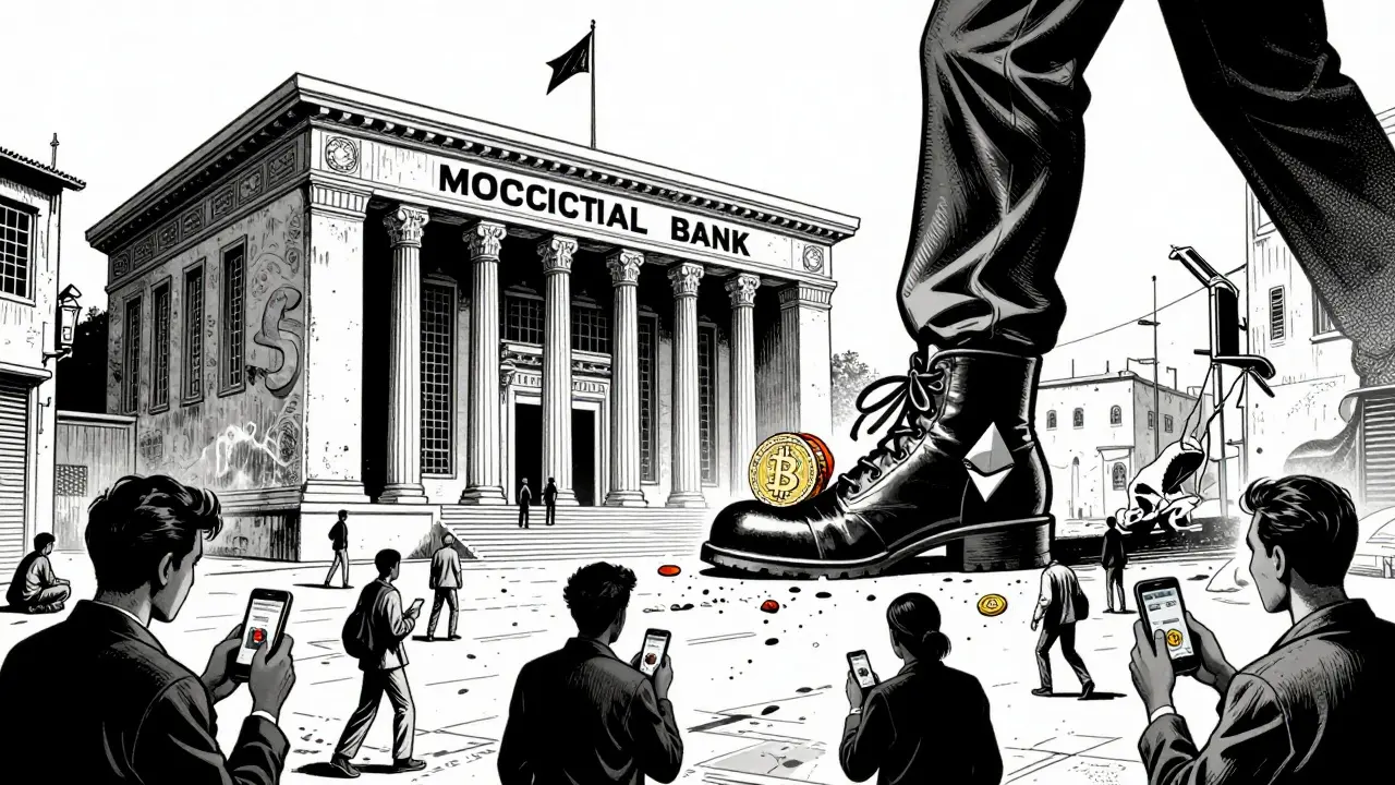 Moroccan central bank crushing crypto symbols with a digital dirham, while citizens secretly use crypto in alleys.