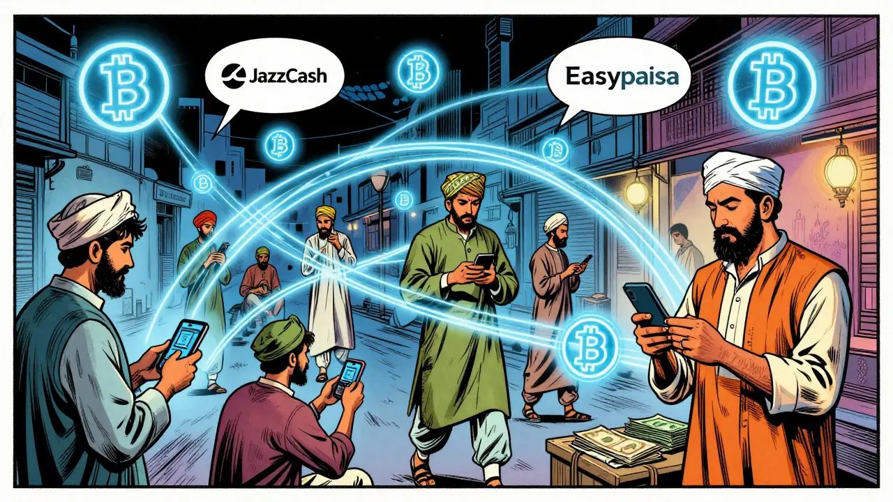 Pakistani traders exchange cash for crypto through street vendors using mobile wallets at night.