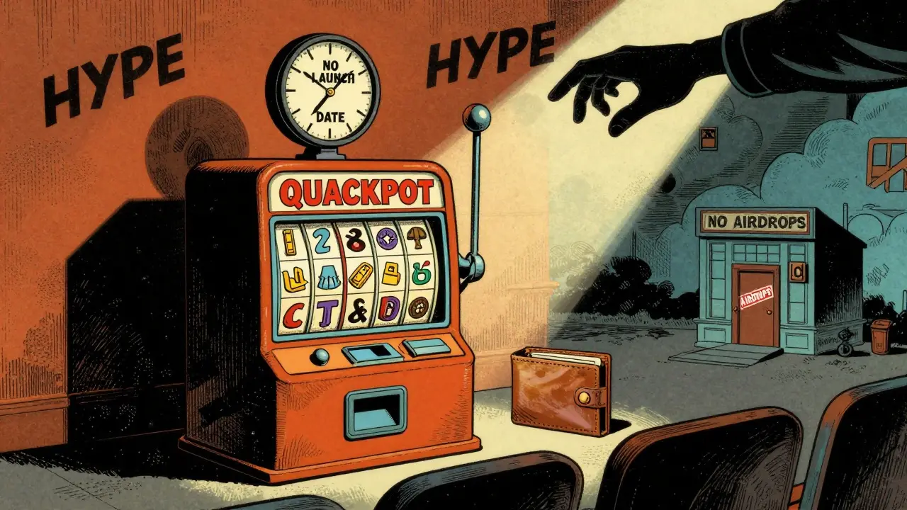 Quackpot lottery machine with 'No Launch Date' clock, while CoinMarketCap building is stamped 'No Airdrops'.