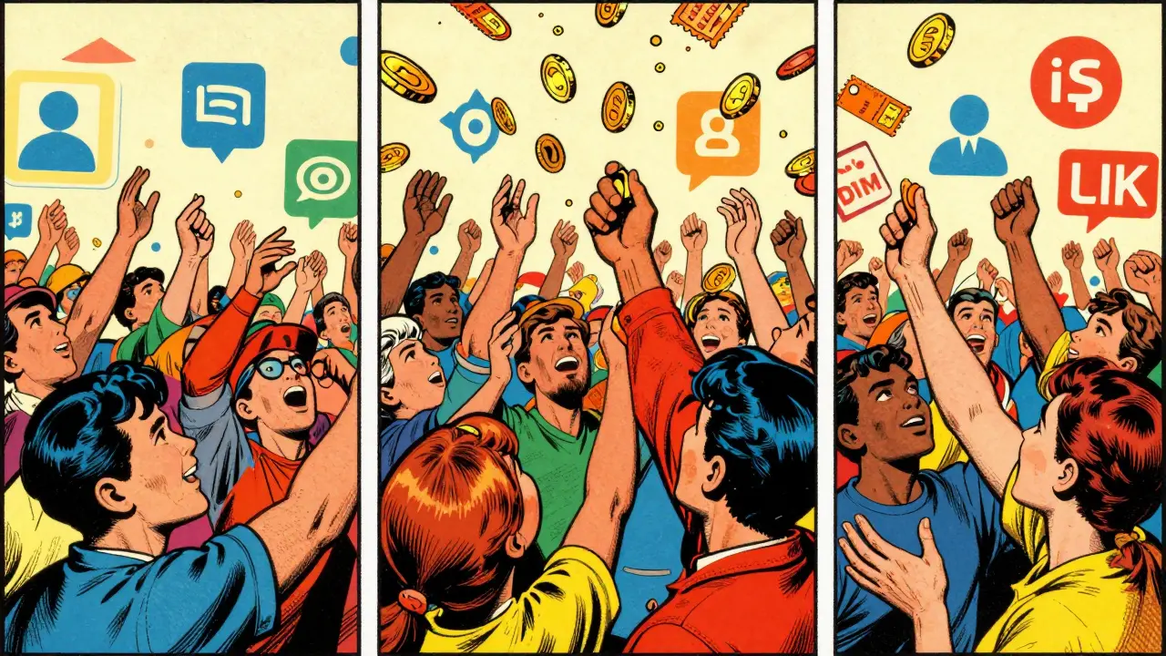 Retro heroes collecting falling coins and tickets from sky.