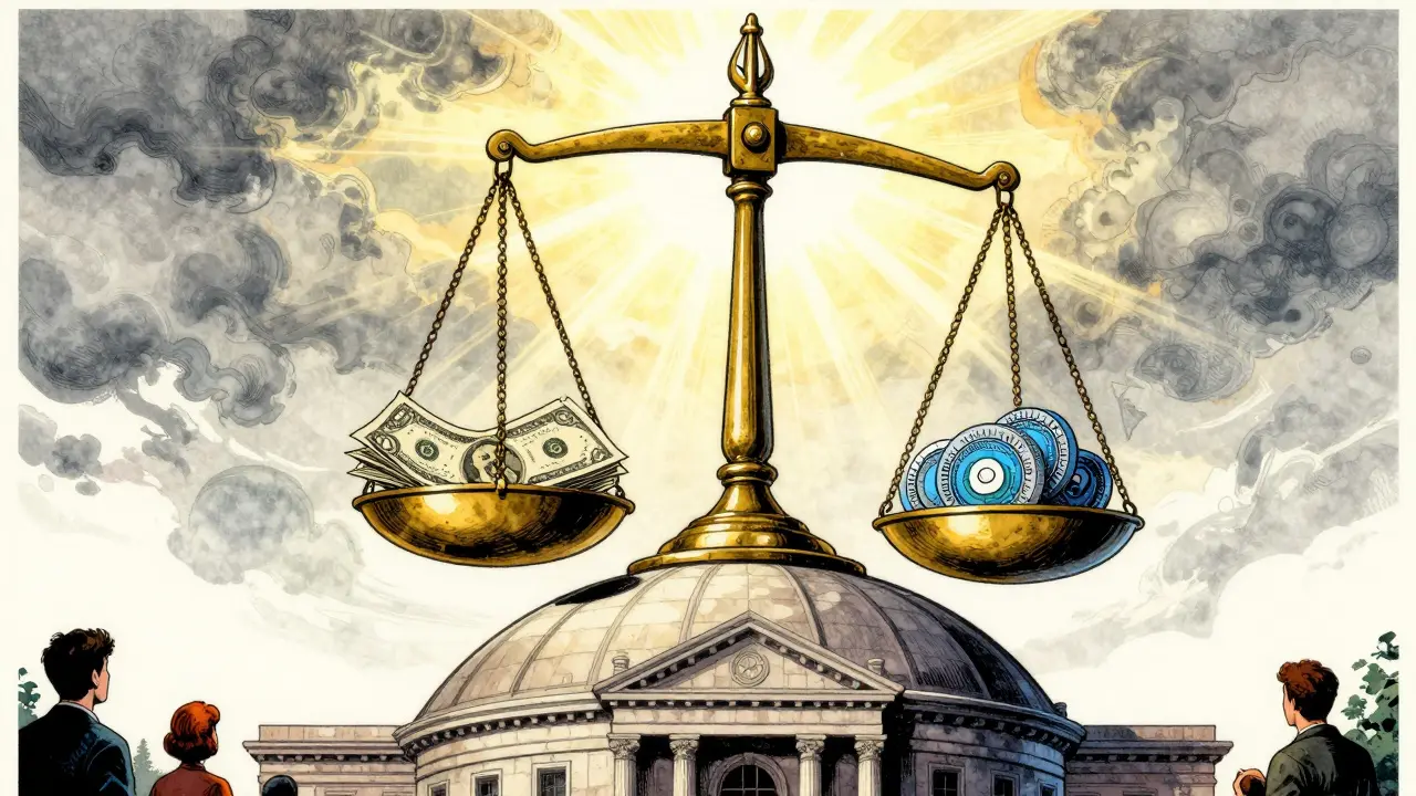 Scales of justice balancing money and digital coins.