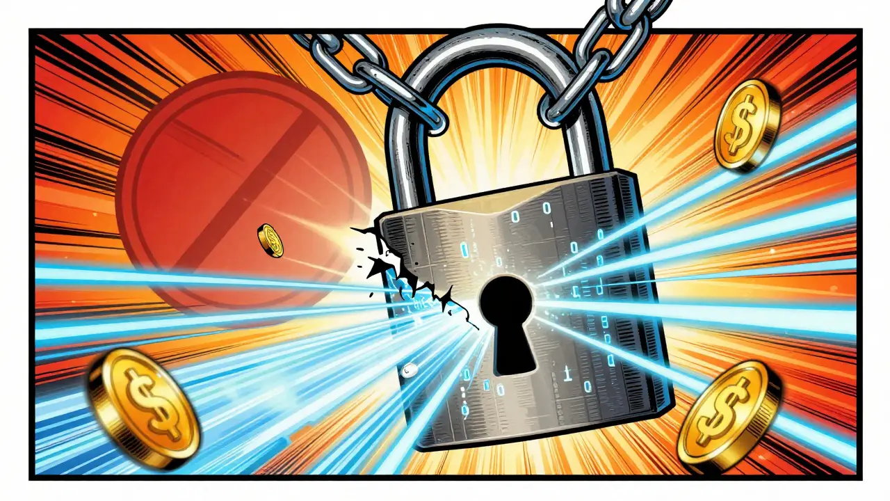 Shattered digital lock releasing golden coins from chains.