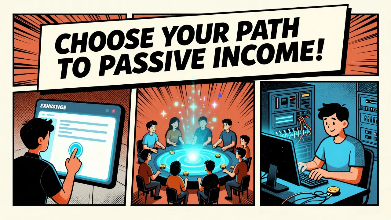 Three methods of staking crypto: exchange, pool, and validator node, illustrated in vintage comic style.