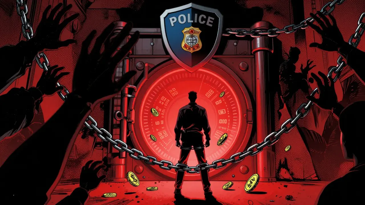 Trader bound by chains facing red barrier with looming shield above.