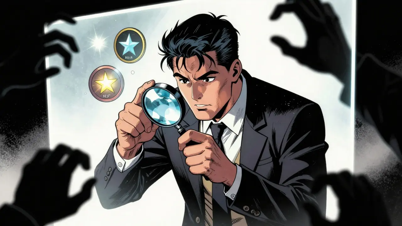 Trader protecting funds from threats using a magnifying glass shield.