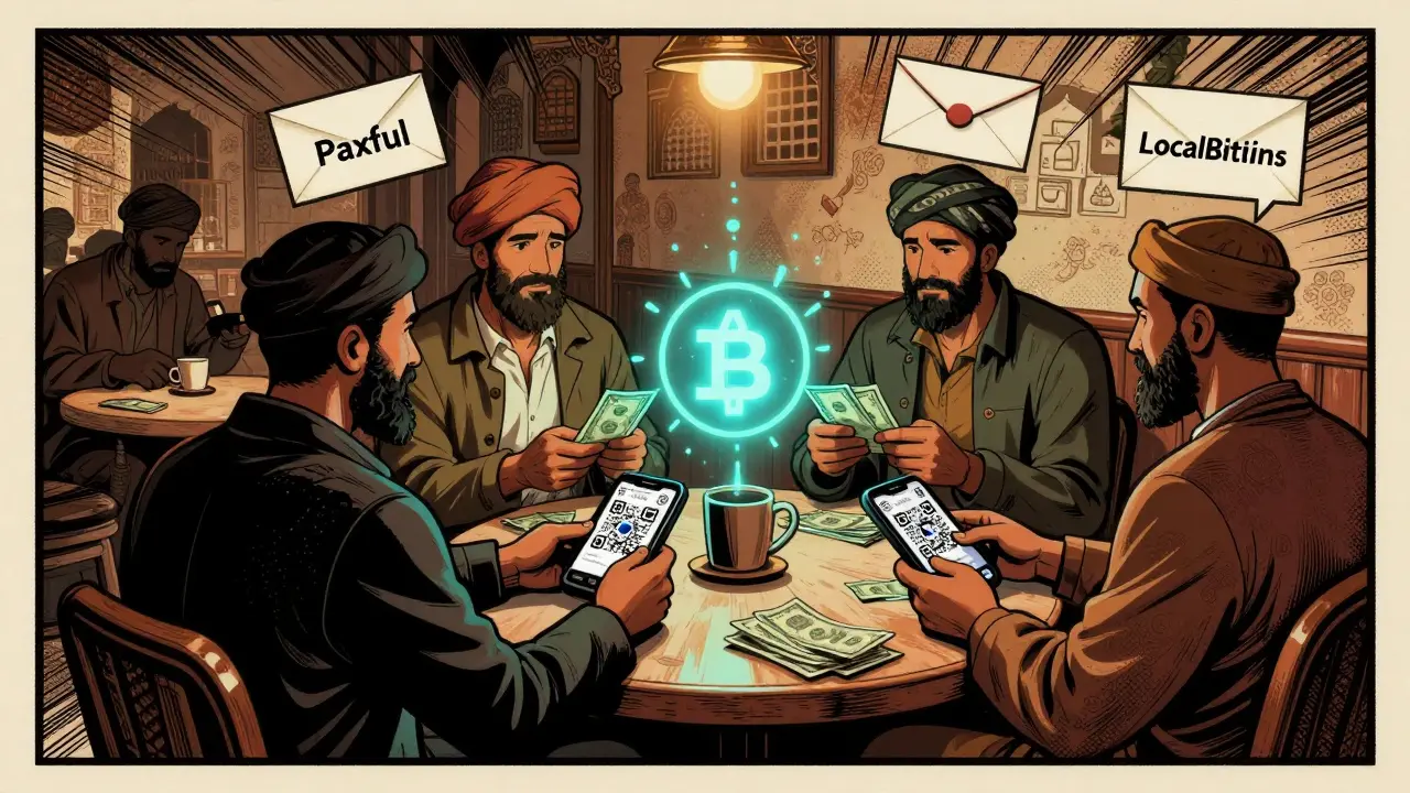 Traders in a Casablanca coffee shop exchanging cash for USDT using QR codes in a secret crypto network.