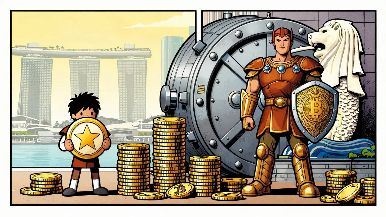 Two characters representing different license tiers with coins and vault.