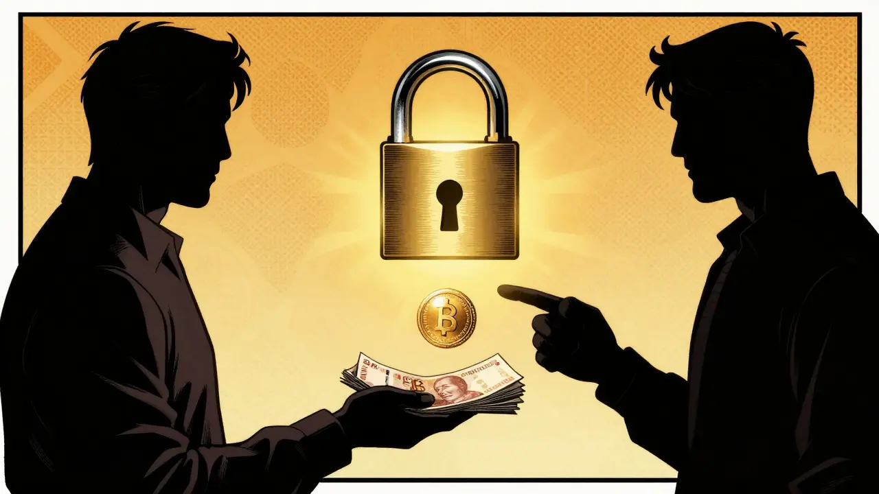 Two figures exchanging assets through a secure locked digital connection.