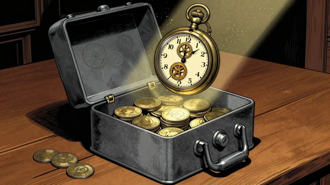 Vault door open with coins inside next to a pocket watch showing time passing.